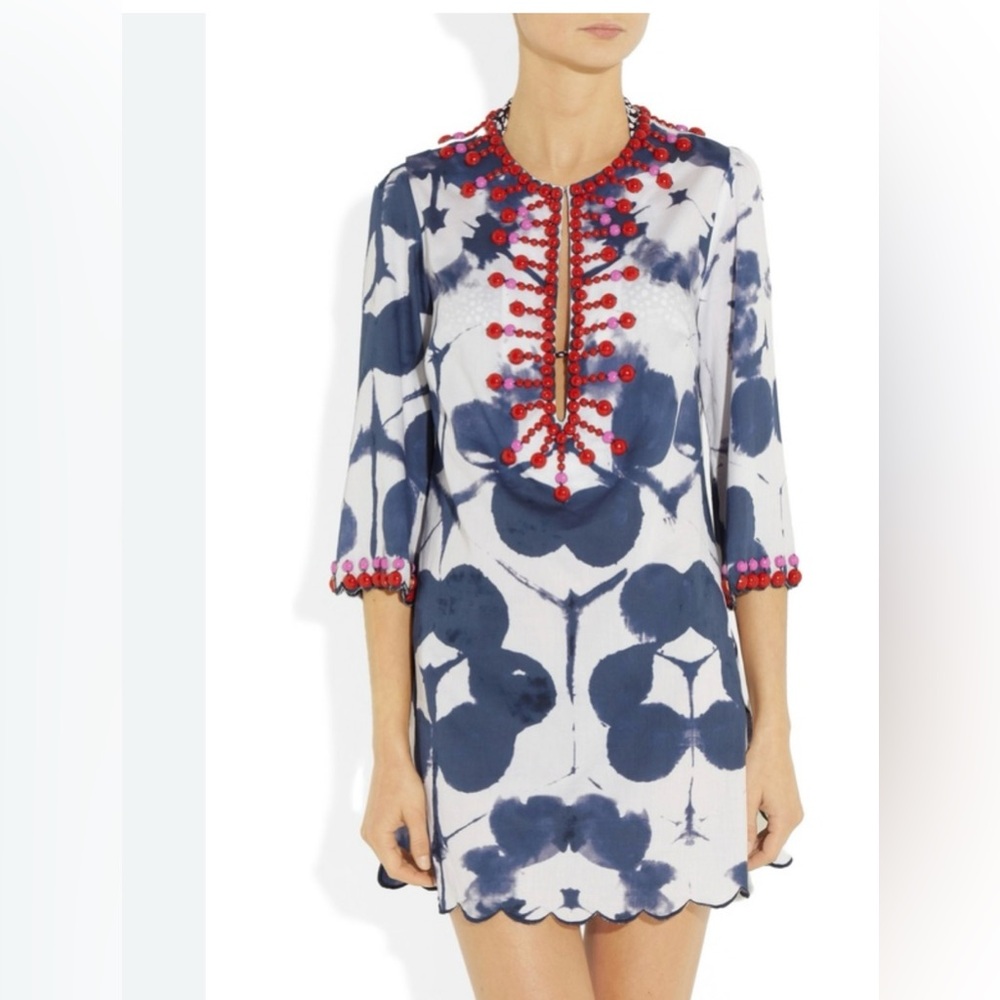 Easton Pearson Take Me Away Blue and White Tunic w/beads - One Size